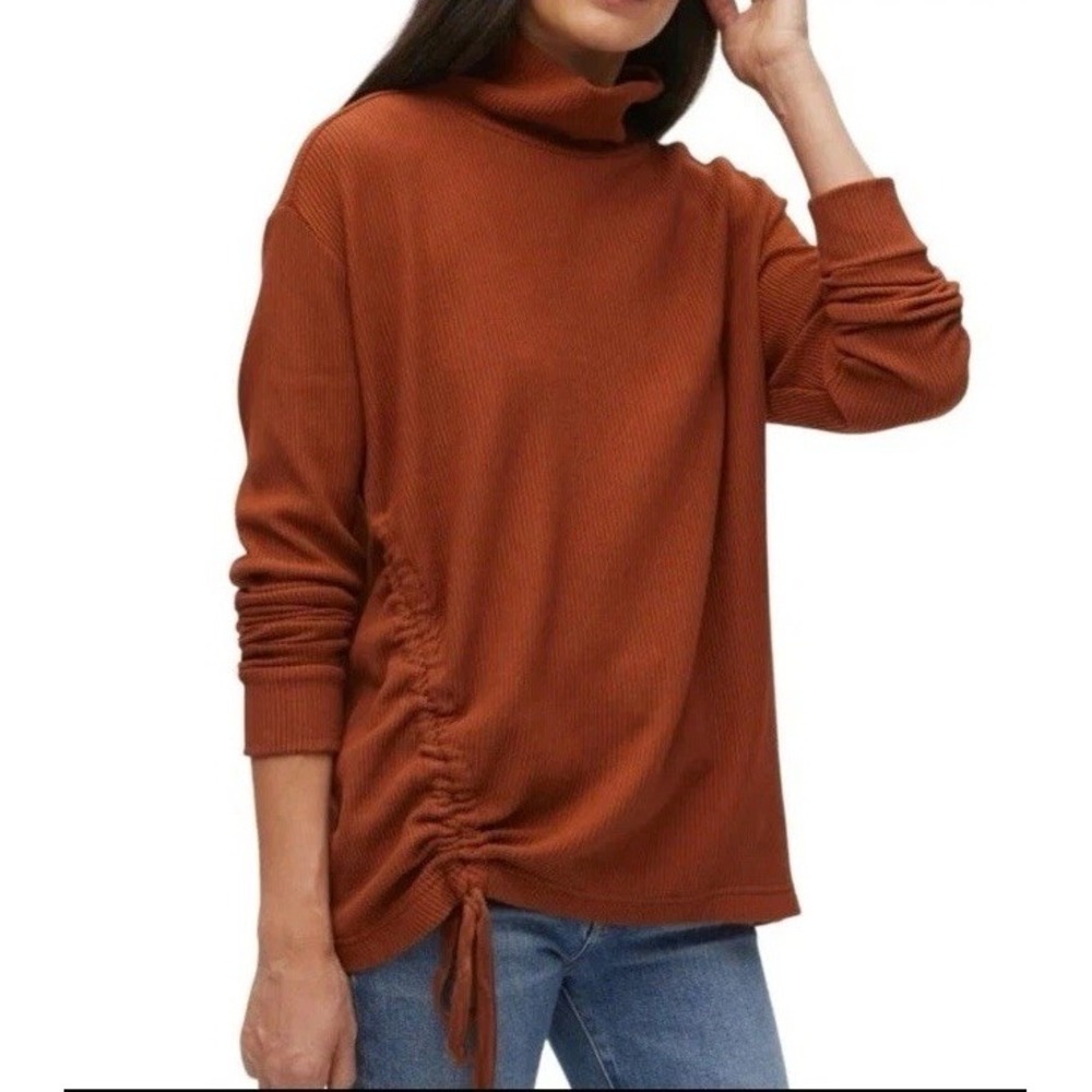 Michael Stars S Ribbed Knit Tunic Rust Brown Turtleneck Top Adjustable Side‎
